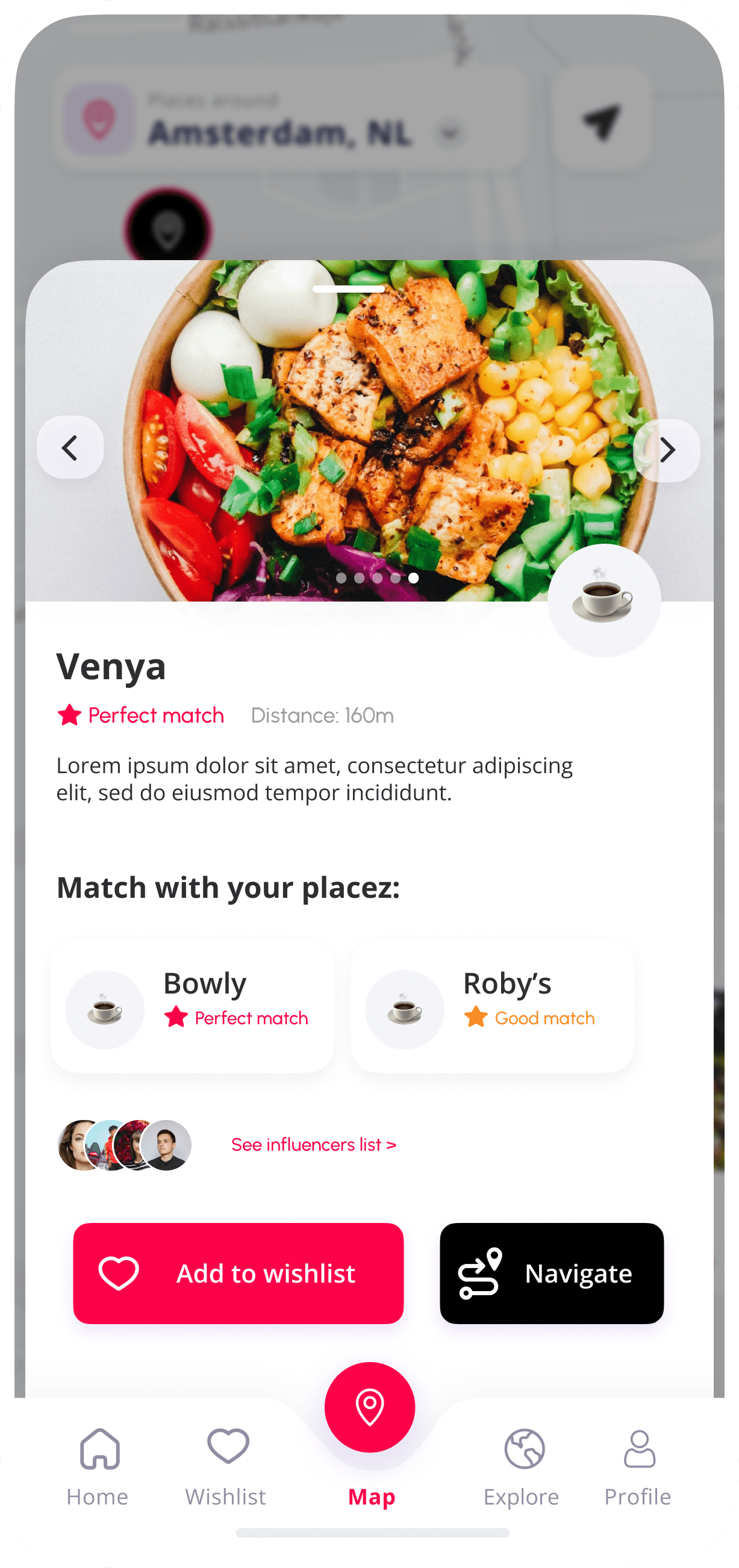 Place focus drawer with all the relevant details as place name, match score, description, and matched places