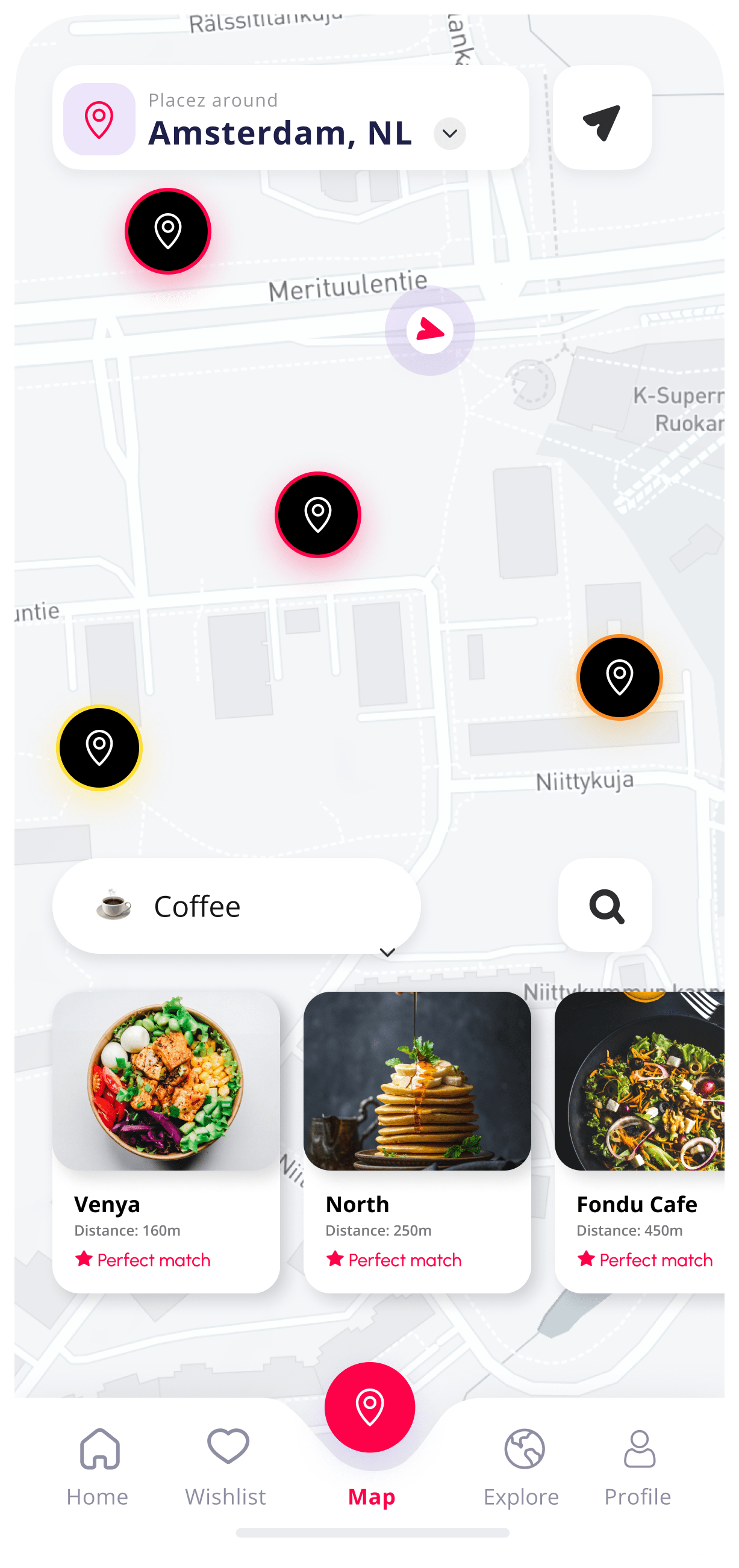 Map screens showing pins of recommended places personalized for you